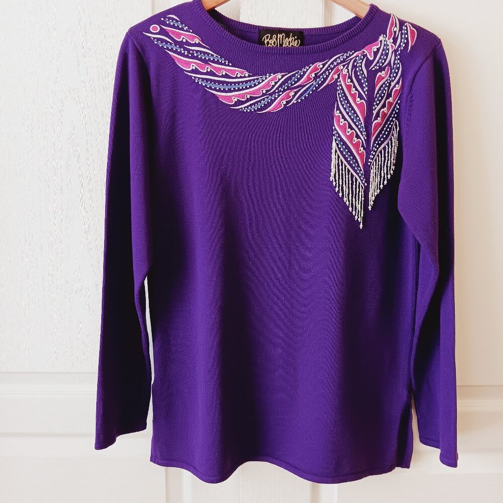 Bob Mackie's Women's Purple Beaded and Embroidered Scarf Sweater Size S